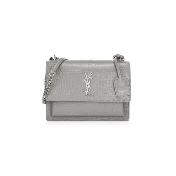 Saint Laurent Handbags - Saint Laurent 'Sunset' Grey Leather Croc-Embossed Shoulder Bag